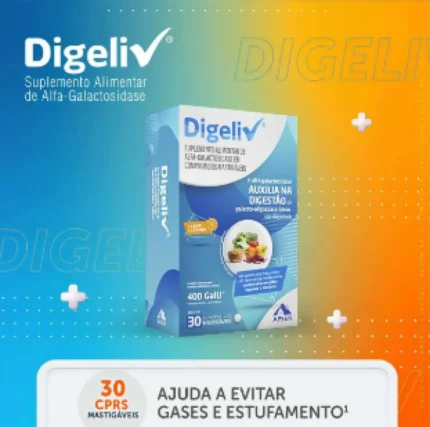 Digeliv C/30 comprimidos Mastigáveis - Enzima Digestiva Alfa-galactosidase