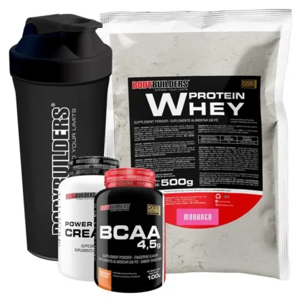 Kit Whey Protein 500g + Bcaa 4,5 100g + Power Creatine 100g + Coqueteleira – Bodybuilders Morango